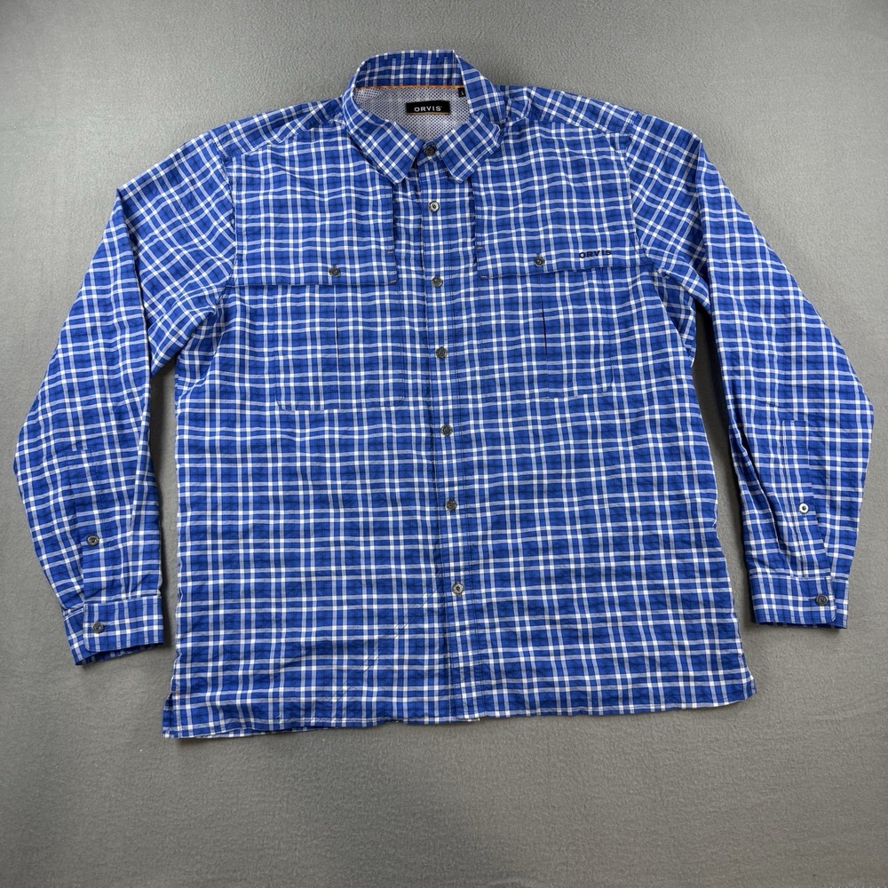 Orvis Mens Large Blue Gingham Plaid Long Sleeve Hiking Fishing Shirt Vented